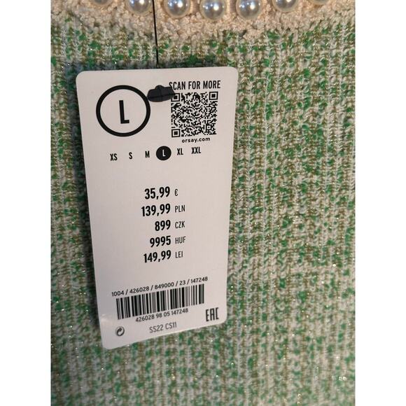Orsay NWT Sz L Green Metallic Tweed Boucle Dress Pearl Neck & Cuff Royal Duchess - Picture 6 of 16
